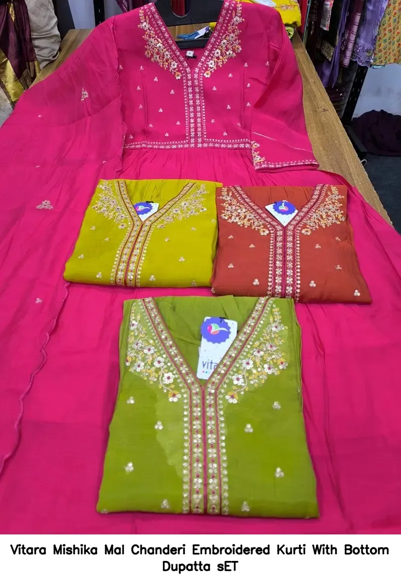 Vitara Mishika Mal Chanderi Embroidered Kurti With Bottom Dupatta sET — Wholesale Readymade Suit, Vitara Fashion wholesale from Surat - Gallery Image 3