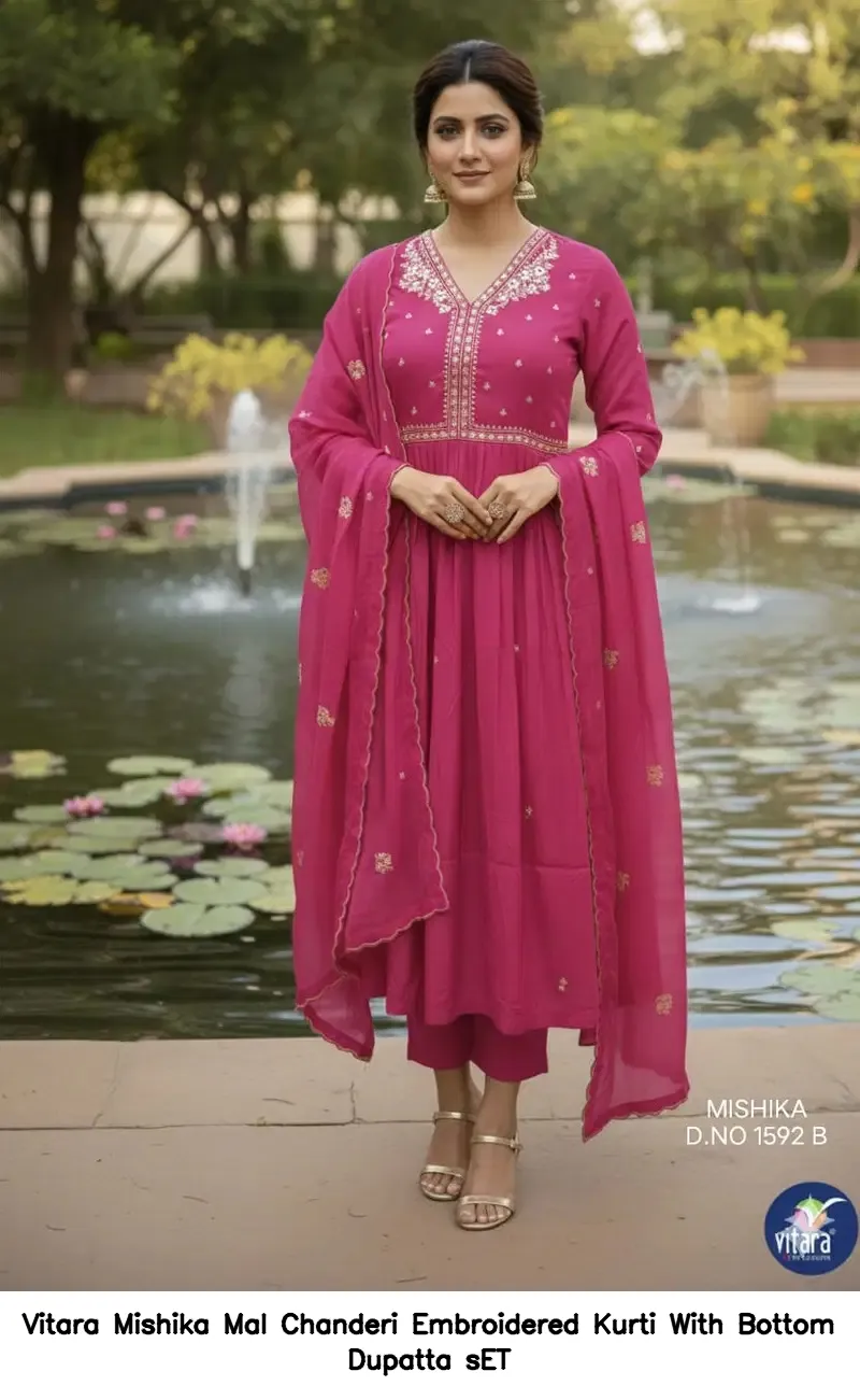 Vitara Mishika Mal Chanderi Embroidered Kurti With Bottom Dupatta sET — Wholesale Readymade Suit, Vitara Fashion wholesale from Surat - Gallery Image 4