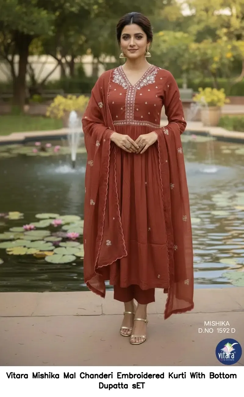 Vitara Mishika Mal Chanderi Embroidered Kurti With Bottom Dupatta sET — Wholesale Readymade Suit, Vitara Fashion wholesale from Surat — view 5