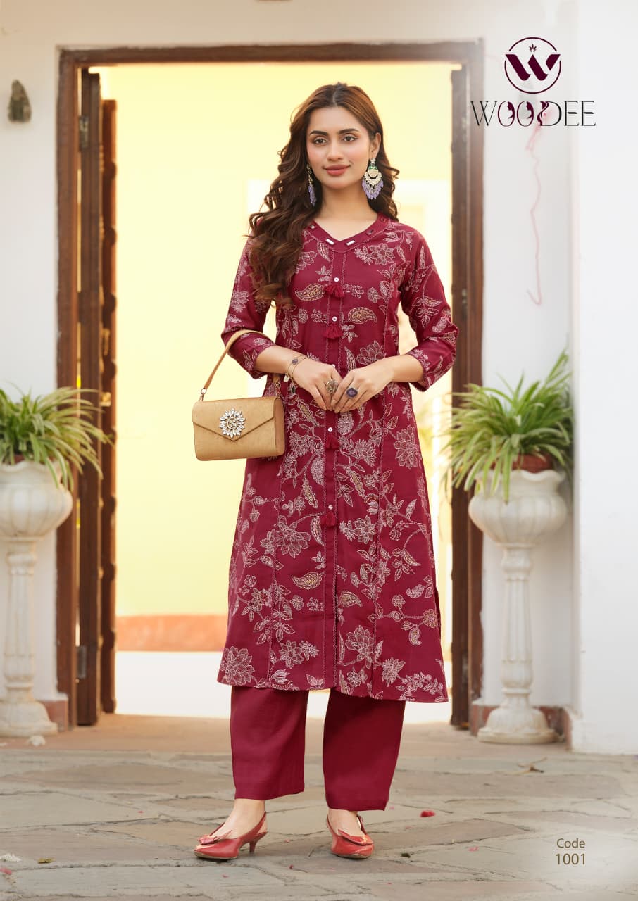 Woodee Mahika Viscose Printed Kurti Set Wholesale Collection — Wholesale Cotton Kurti Pant Set, MPA wholesale from Surat — view 3