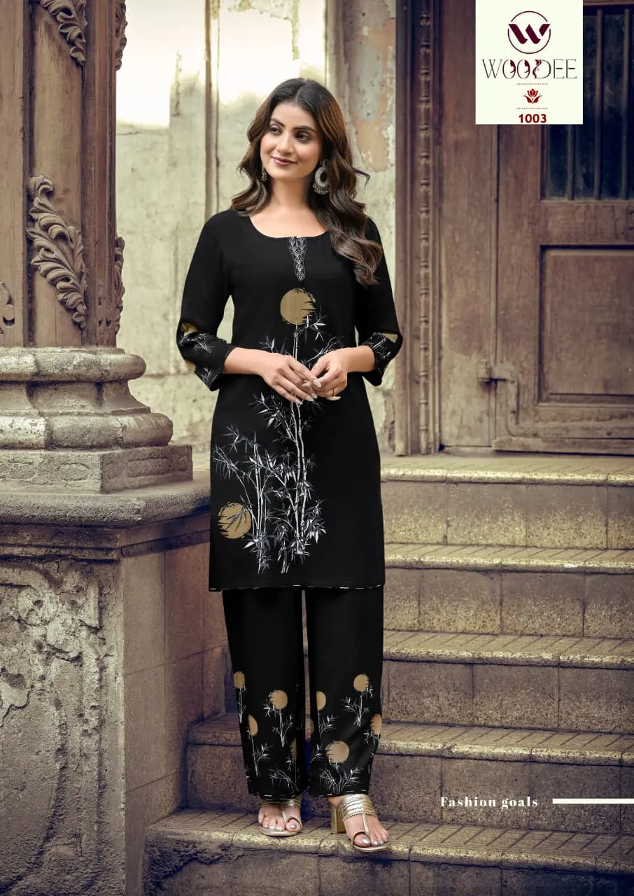 Woodee Natasha Rayon Discharge Printed Kurti With Bottom Set — Wholesale Cotton Kurti Pant Set, Woodee wholesale from Surat — view 1