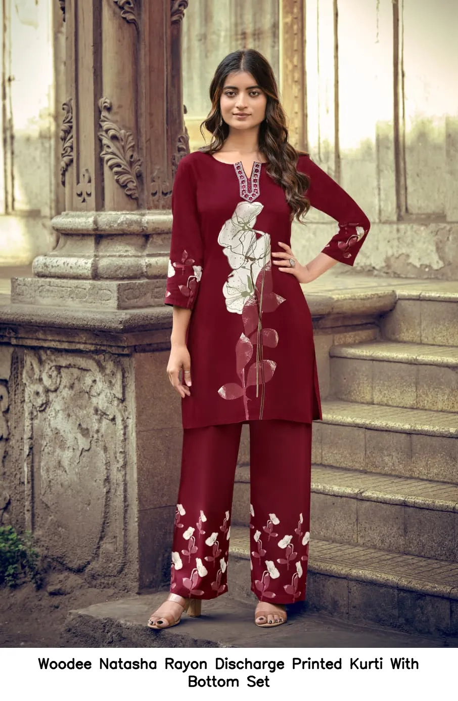 Woodee Natasha Rayon Discharge Printed Kurti With Bottom Set — Wholesale Cotton Kurti Pant Set, Woodee wholesale from Surat - Gallery Image 2
