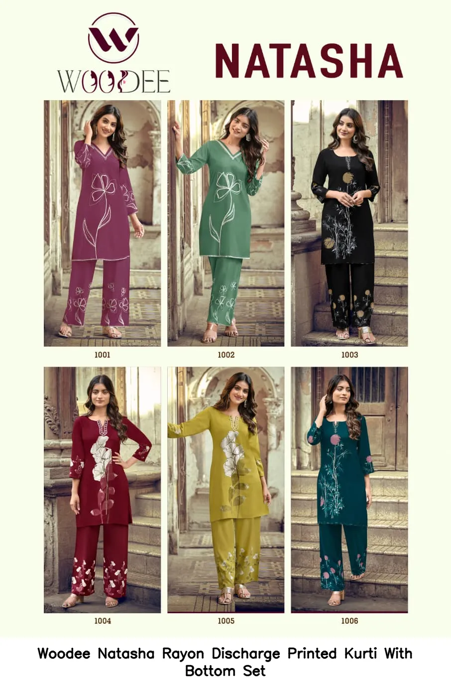Woodee Natasha Rayon Discharge Printed Kurti With Bottom Set — Wholesale Cotton Kurti Pant Set, Woodee wholesale from Surat - Gallery Image 4