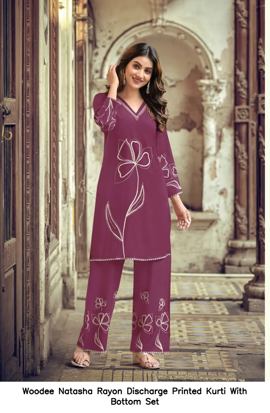 Woodee Natasha Rayon Discharge Printed Kurti With Bottom Set — Wholesale Cotton Kurti Pant Set, Woodee wholesale from Surat - Gallery Image 5
