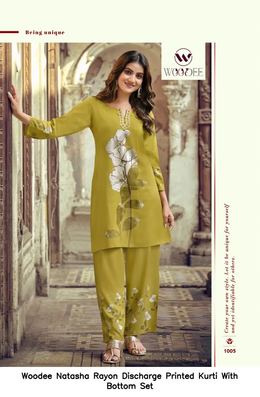 Woodee Natasha Rayon Discharge Printed Kurti With Bottom Set — Wholesale Cotton Kurti Pant Set, Woodee wholesale from Surat - Gallery Image 6