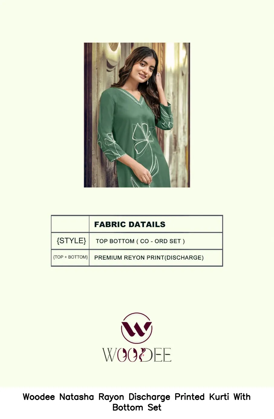 Woodee Natasha Rayon Discharge Printed Kurti With Bottom Set — Wholesale Cotton Kurti Pant Set, Woodee wholesale from Surat - Gallery Image 7