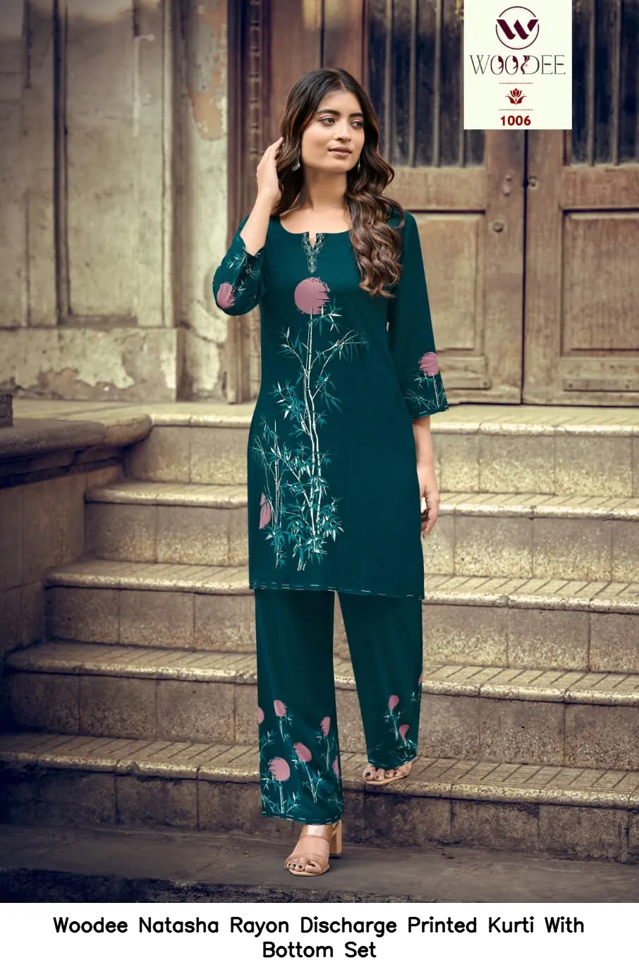 Woodee Natasha Rayon Discharge Printed Kurti With Bottom  Set — Wholesale Cotton Kurti Pant Set, Woodee wholesale from Surat — view 8