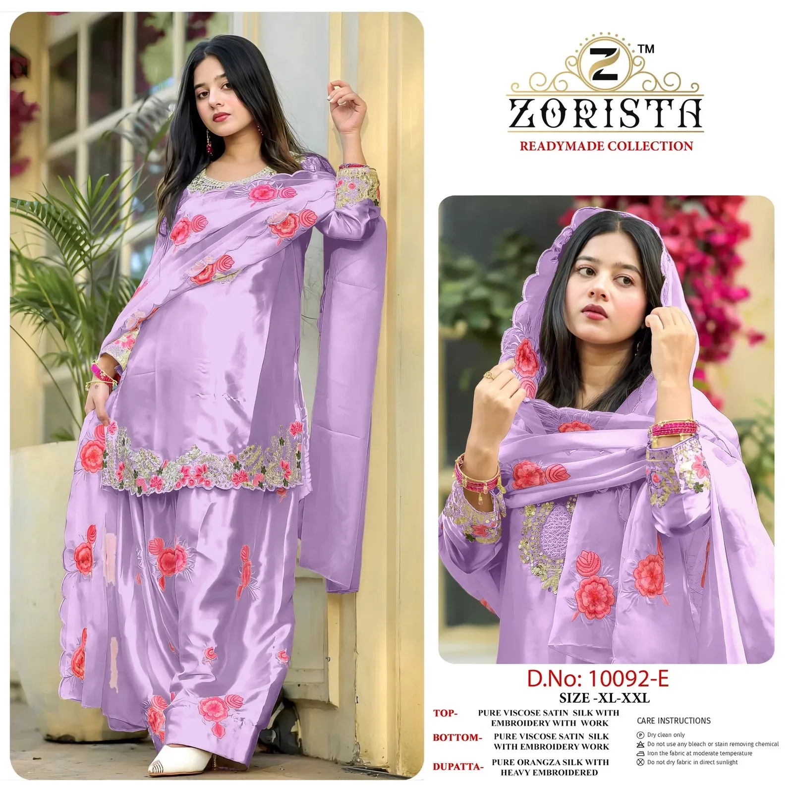 Zorista 10092 E To H Pure Viscose Satin Heavy Embroidered Readymade Suit