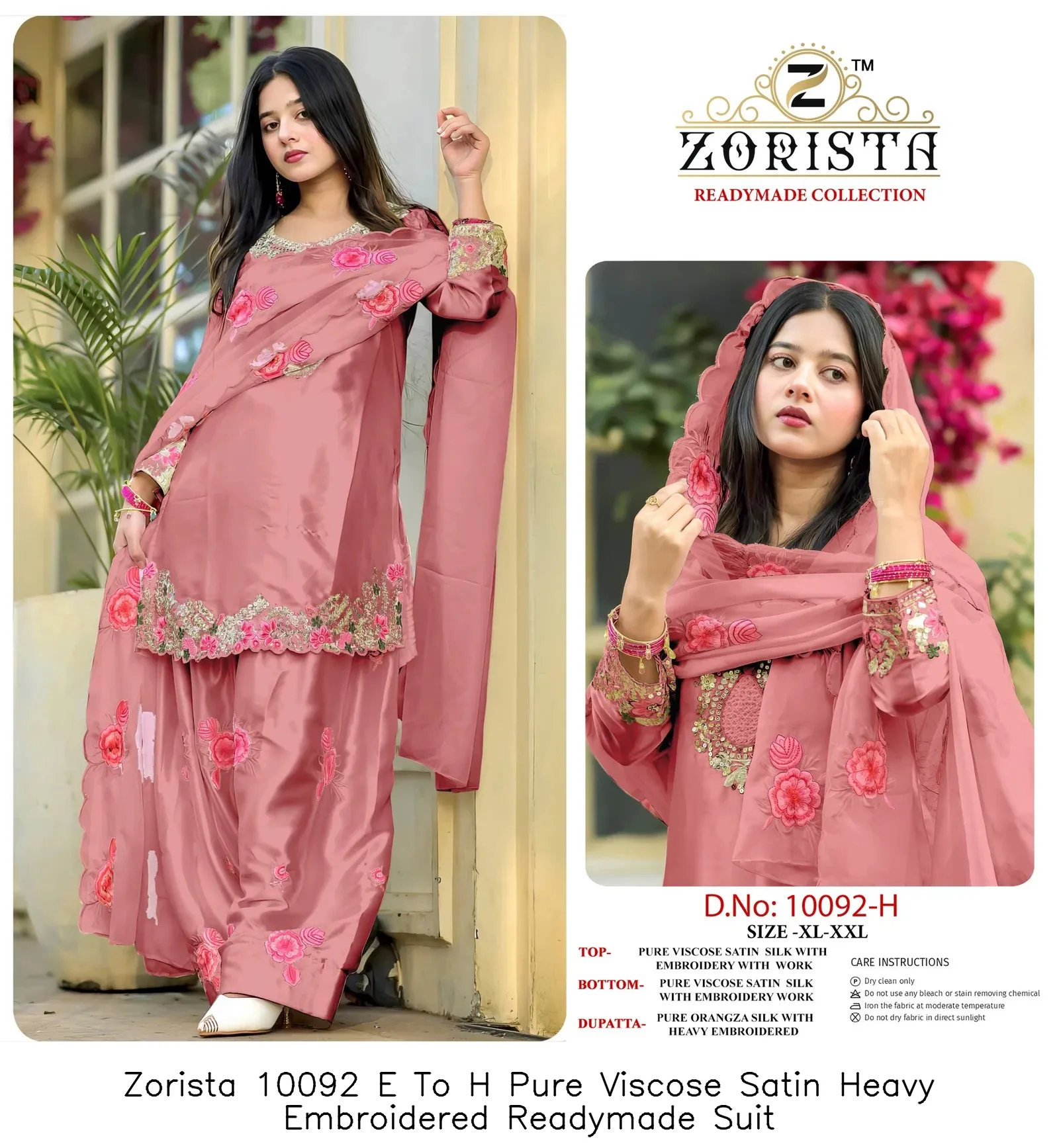 Zorista 10092 E To H Pure Viscose Satin Heavy Embroidered Readymade Suit — Wholesale Readymade Pakistani Suits, Zorista wholesale from Surat - Gallery Image 2