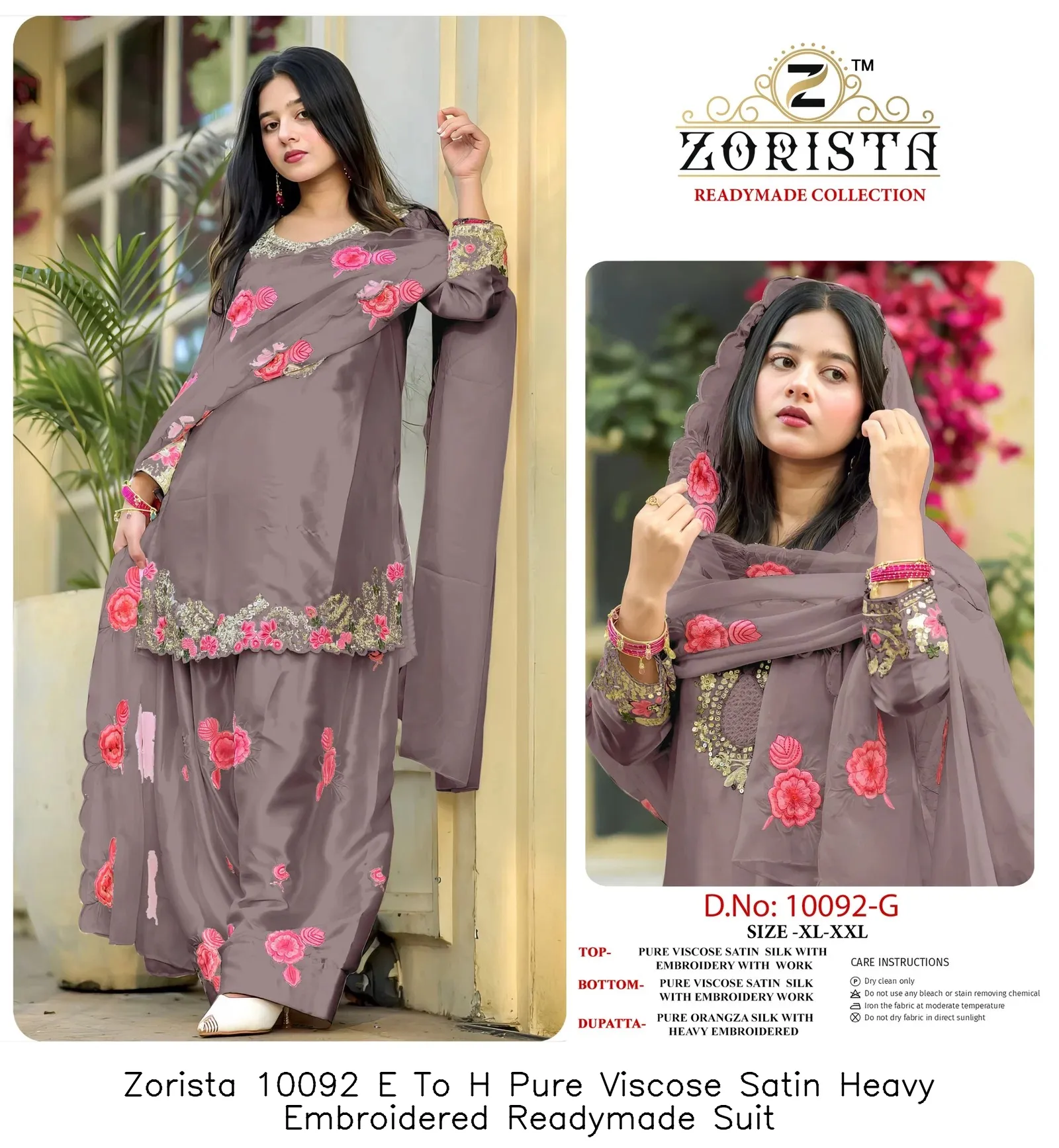 Zorista 10092 E To H Pure Viscose Satin Heavy Embroidered Readymade Suit — Wholesale Readymade Pakistani Suits, Zorista wholesale from Surat - Gallery Image 3