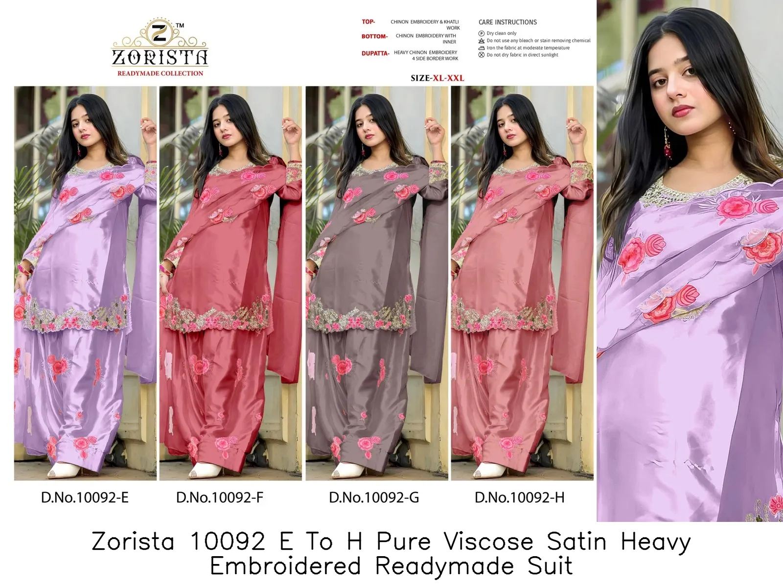 Zorista 10092 E To H Pure Viscose Satin Heavy Embroidered Readymade Suit — Wholesale Readymade Pakistani Suits, Zorista wholesale from Surat - Gallery Image 4