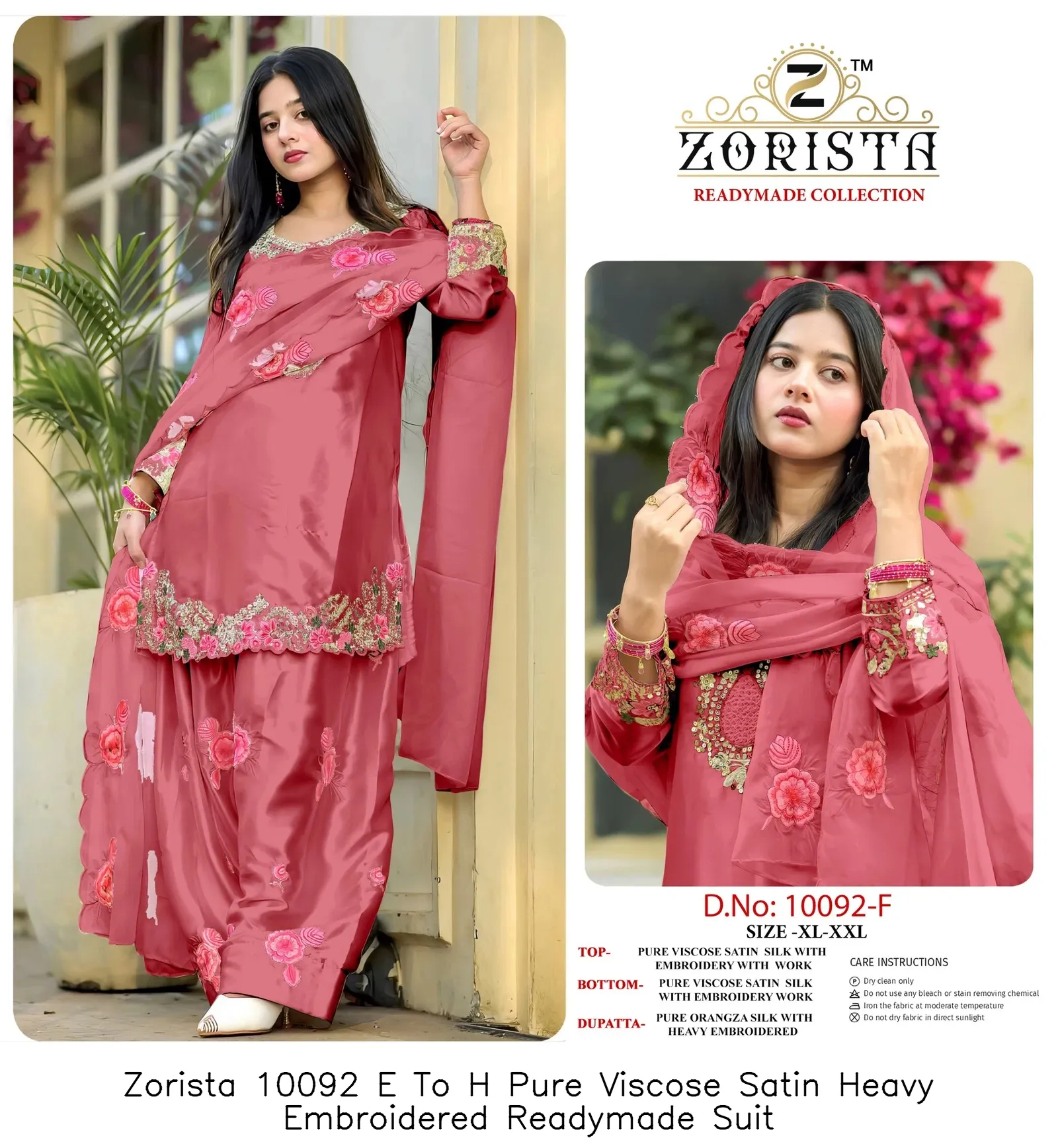 Zorista 10092 E To H Pure Viscose Satin Heavy Embroidered Readymade Suit — Wholesale Readymade Pakistani Suits, Zorista wholesale from Surat — view 5