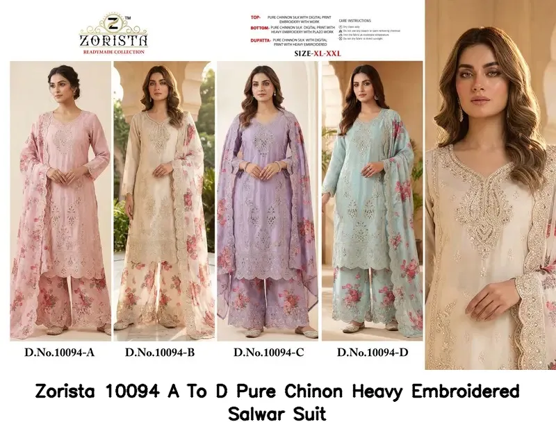 Zorista 10094 A To D Pure Chinon Heavy Embroidered Salwar Suit — Wholesale Readymade Pakistani Suits, Zorista wholesale from Surat — view 2