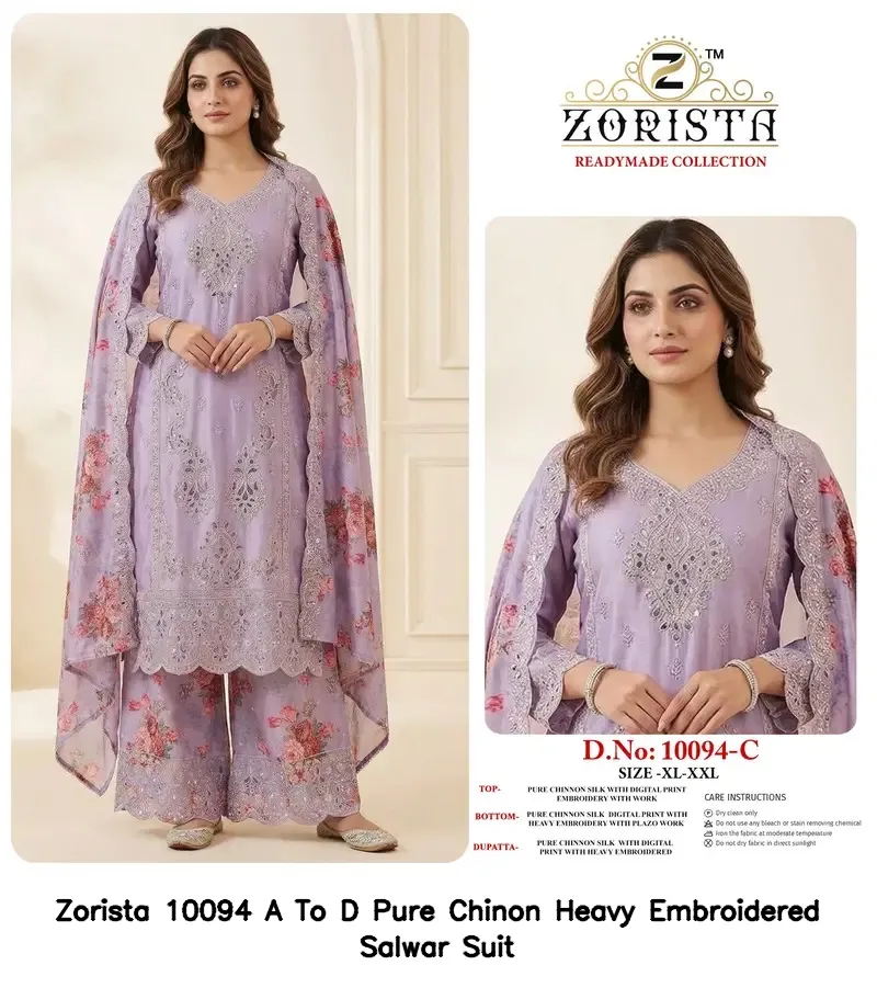 Zorista 10094 A To D Pure Chinon Heavy Embroidered Salwar Suit — Wholesale Readymade Pakistani Suits, Zorista wholesale from Surat — view 3