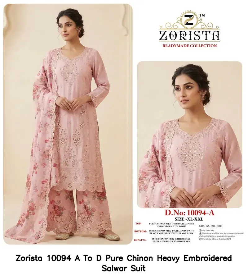 Zorista 10094 A To D Pure Chinon Heavy Embroidered Salwar Suit — Wholesale Readymade Pakistani Suits, Zorista wholesale from Surat — view 4