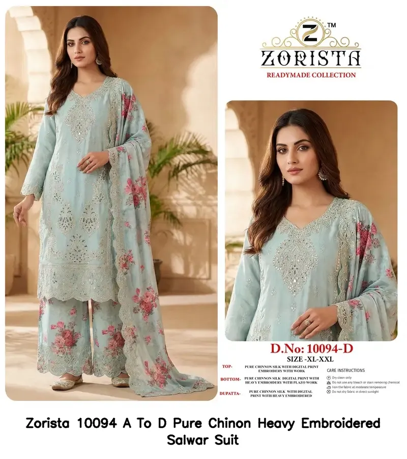 Zorista 10094 A To D Pure Chinon Heavy Embroidered Salwar Suit — Wholesale Readymade Pakistani Suits, Zorista wholesale from Surat — view 5
