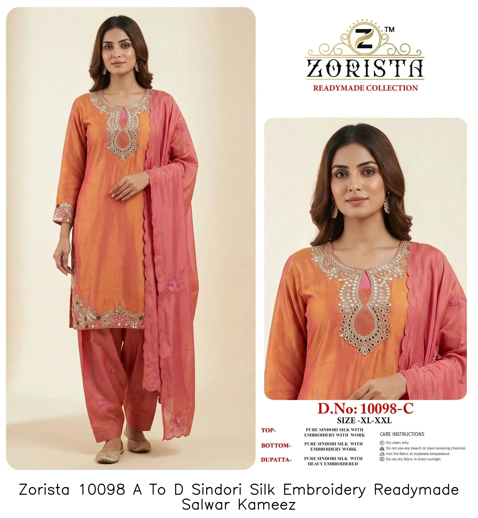 Zorista 10098 A To D Sindori Silk  Embroidery  Readymade Salwar Kameez — Wholesale Readymade Pakistani Suits, Zorista wholesale from Surat — view 4