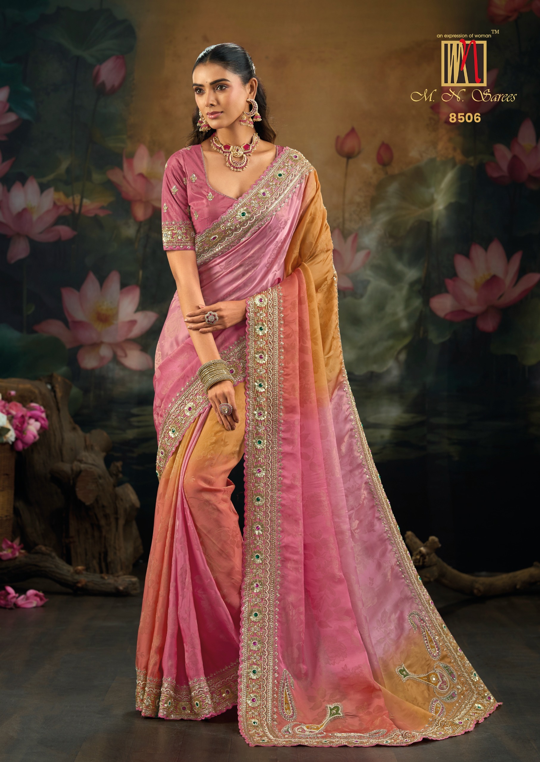 M.N 8500 Series Fancy Work Party Wear Designer Sarees - Image 2
