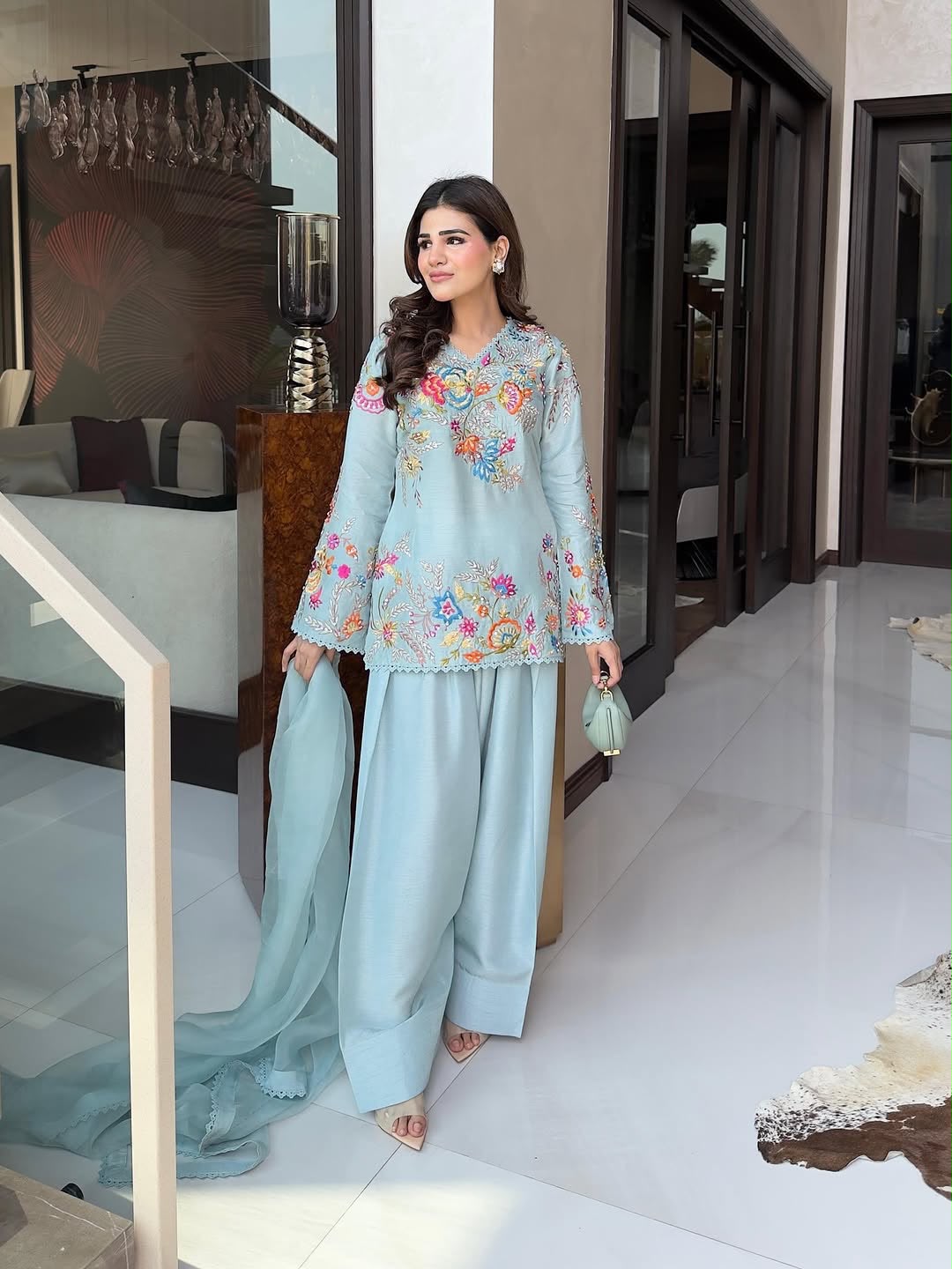 BE-469 Embroidered Farsi Salwar Suit With Organza Dupatta Set - Image 10