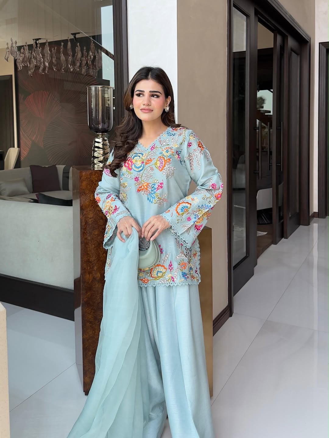 BE-469 Embroidered Farsi Salwar Suit With Organza Dupatta Set - Image 6