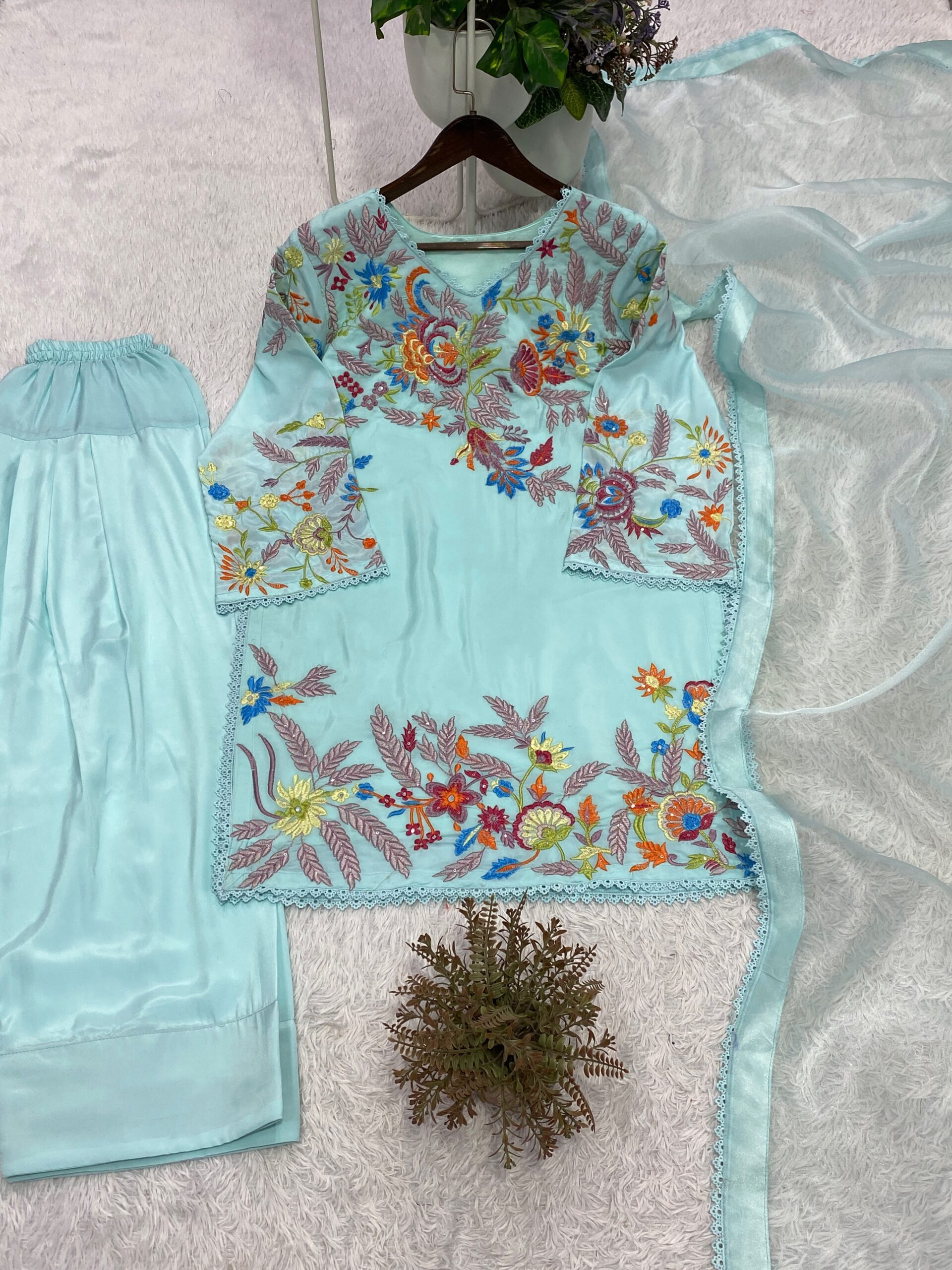 BE-469 Embroidered Farsi Salwar Suit With Organza Dupatta Set - Image 8