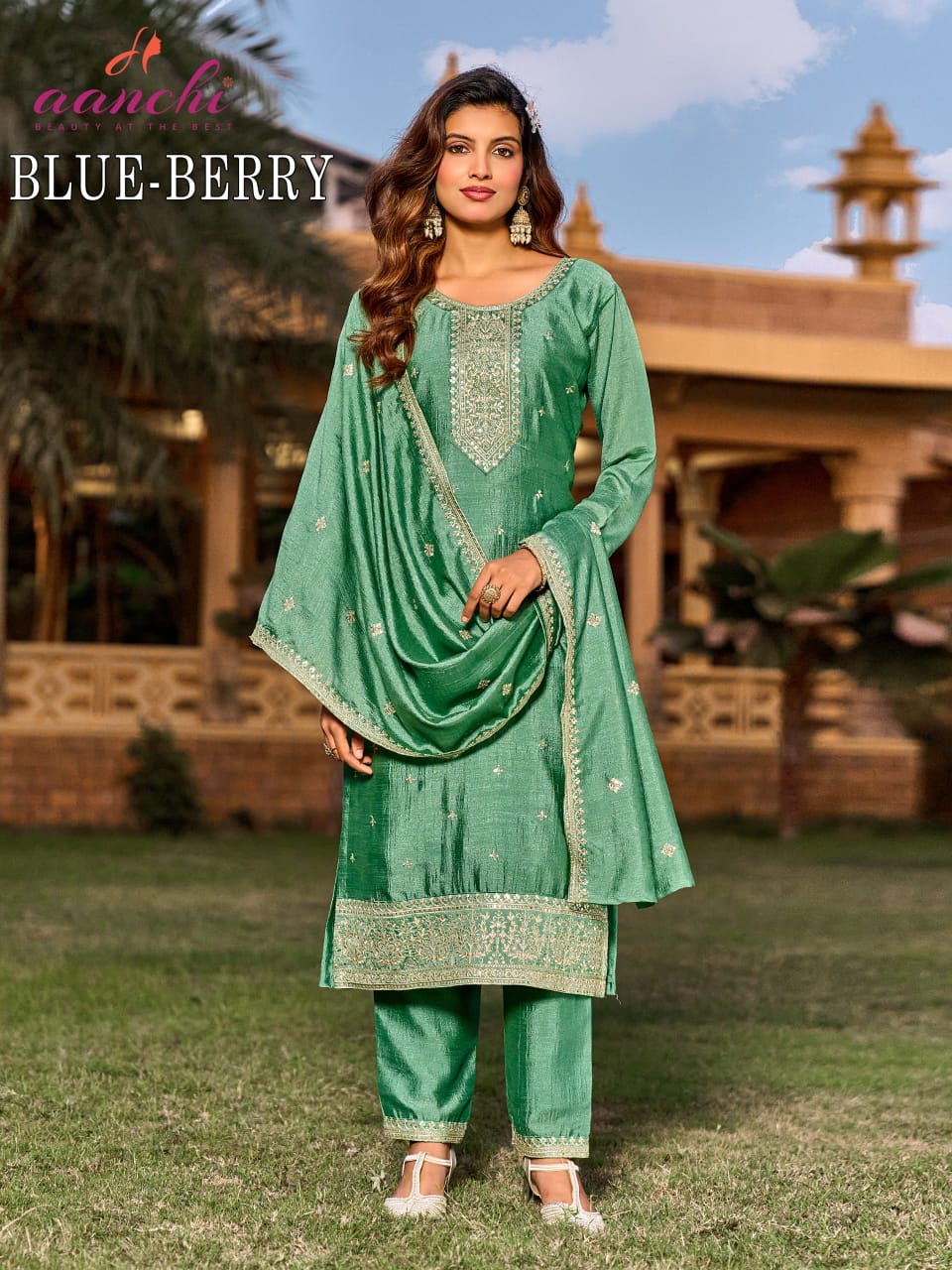 Aanchi Blue Berry Vichitra Silk Embroidered  Kurti Set Wholesale