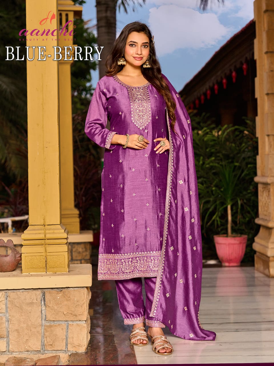 Aanchi Blue Berry Vichitra Silk Embroidered  Kurti Set Wholesale — Wholesale Kurti Pant Set, Aanchi wholesale from Surat — view 5