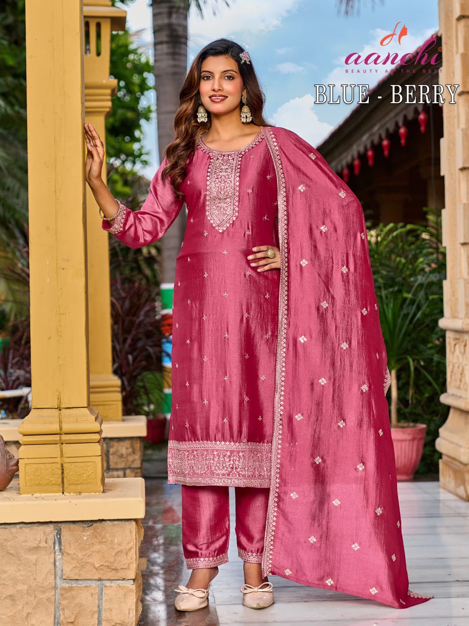 Aanchi Blue Berry Vichitra Silk Embroidered  Kurti Set Wholesale — Wholesale Kurti Pant Set, Aanchi wholesale from Surat — view 2