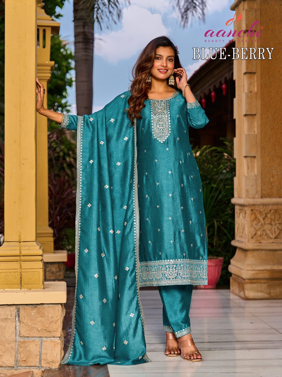 Aanchi Blue Berry Vichitra Silk Embroidered  Kurti Set Wholesale — Wholesale Kurti Pant Set, Aanchi wholesale from Surat — view 4
