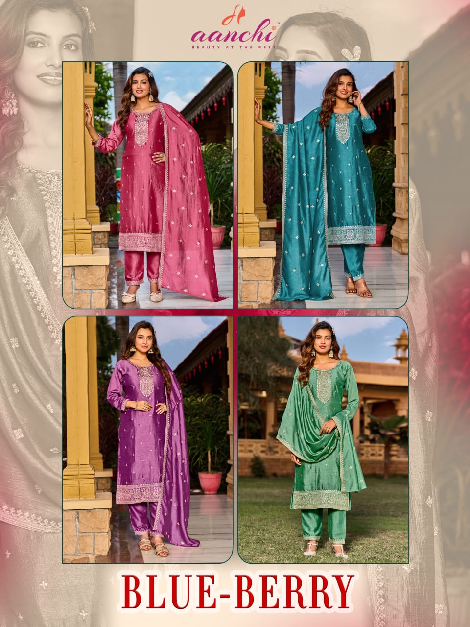 Aanchi Blue Berry Vichitra Silk Embroidered  Kurti Set Wholesale — Wholesale Kurti Pant Set, Aanchi wholesale from Surat — view 3