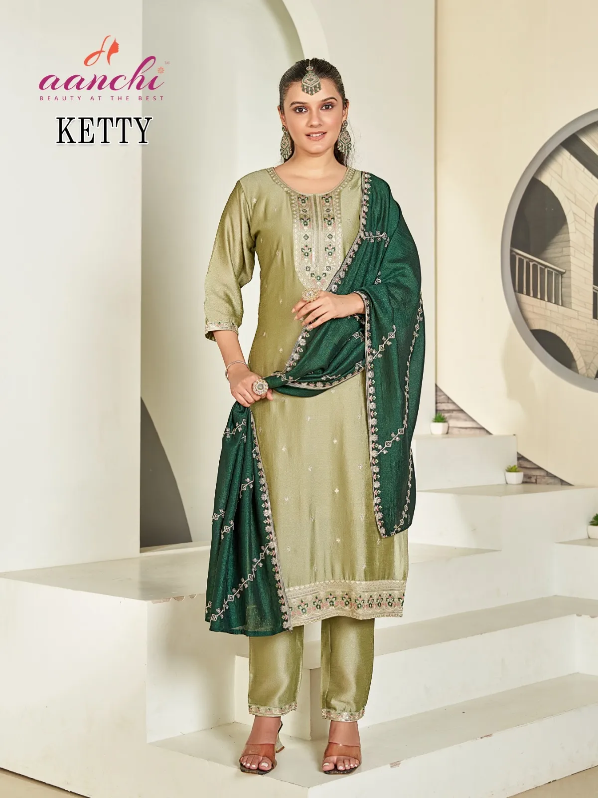 Aanchi Kitty Vichitra Silk Embroidered Kurti With Bottom Dupatta Set