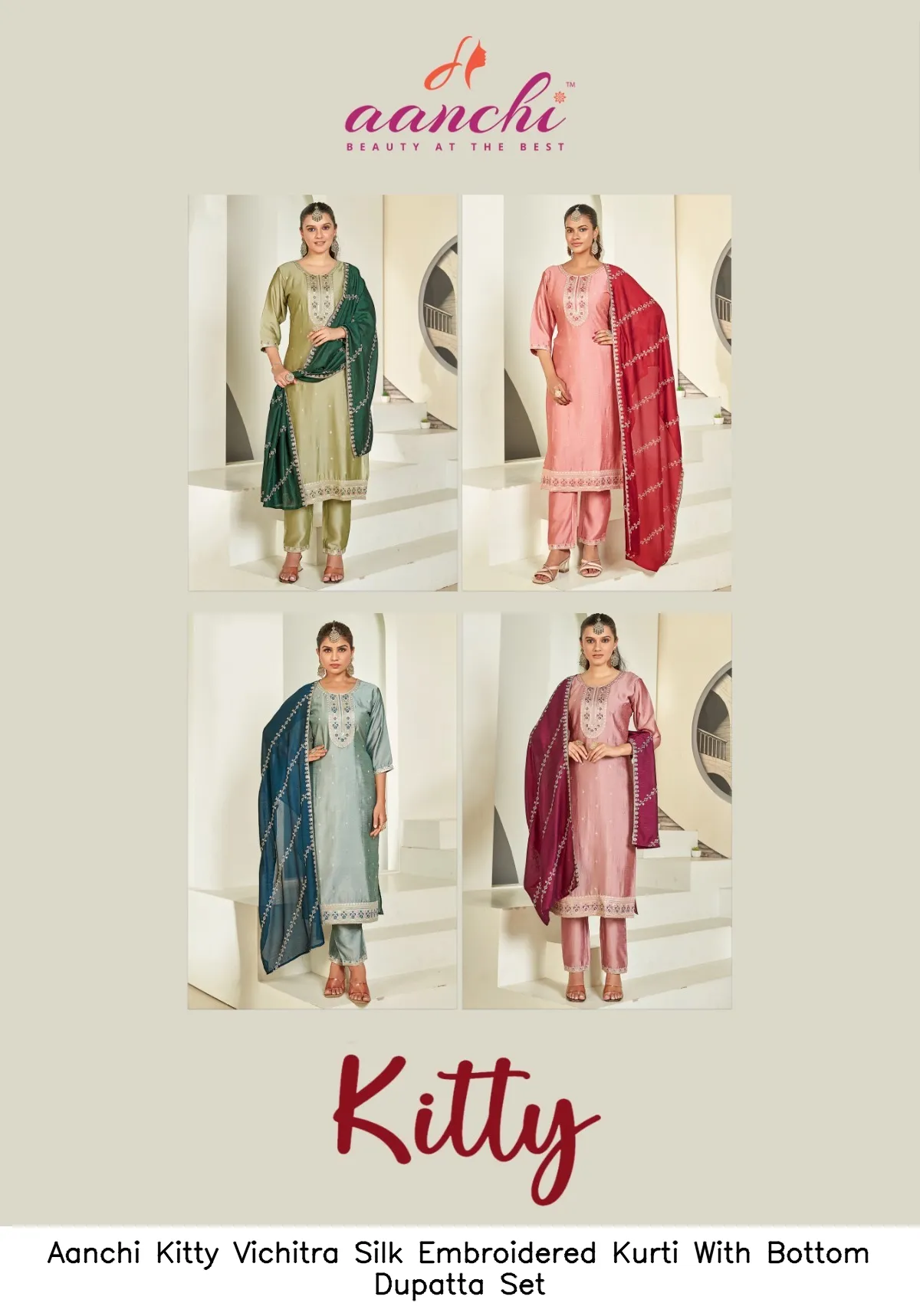 Aanchi Kitty Vichitra Silk Embroidered Kurti With Bottom Dupatta Set — Wholesale Salwar Suits, Aanchi wholesale from Surat — view 2