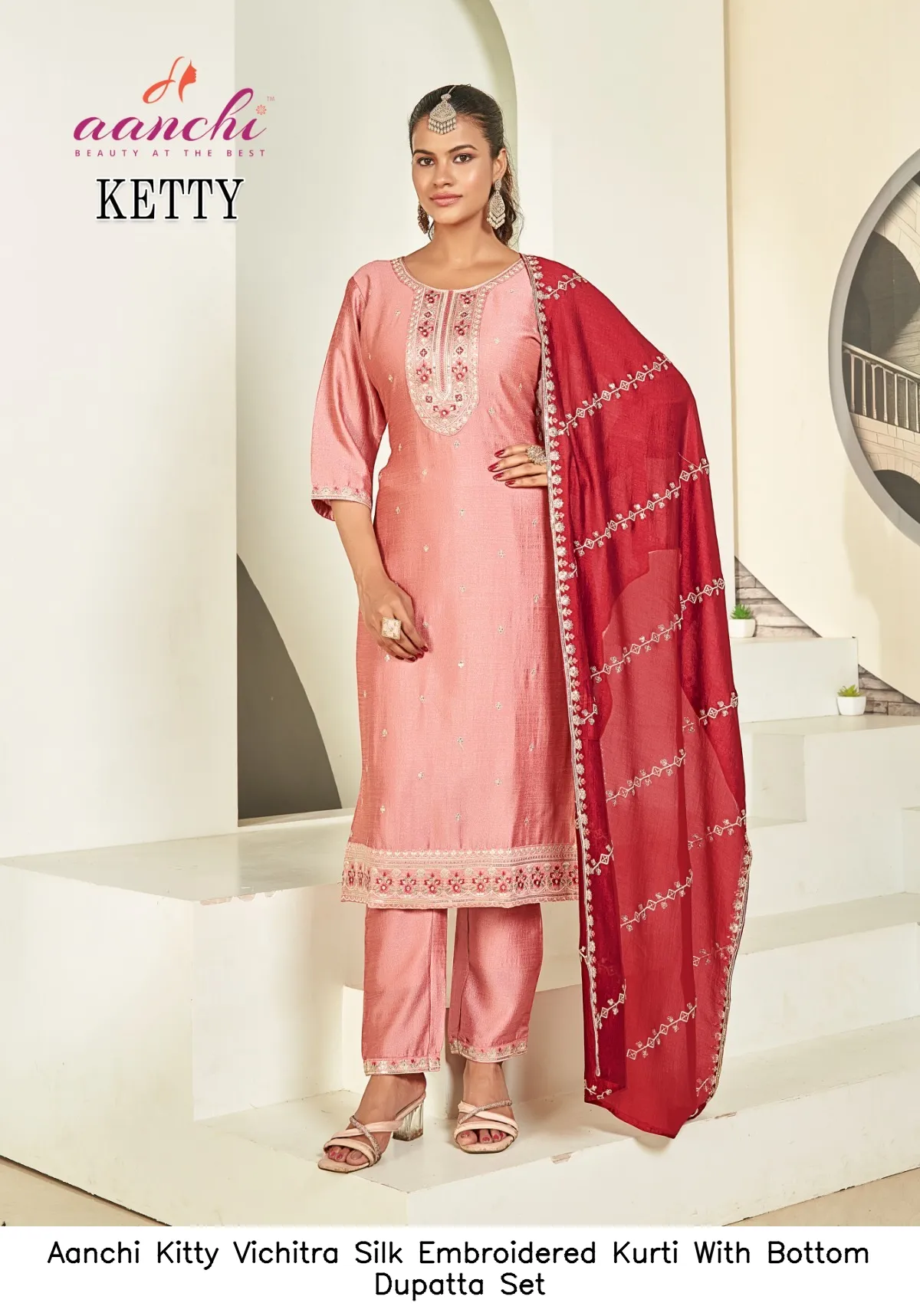 Aanchi Kitty Vichitra Silk Embroidered Kurti With Bottom Dupatta Set — Wholesale Salwar Suits, Aanchi wholesale from Surat — view 3