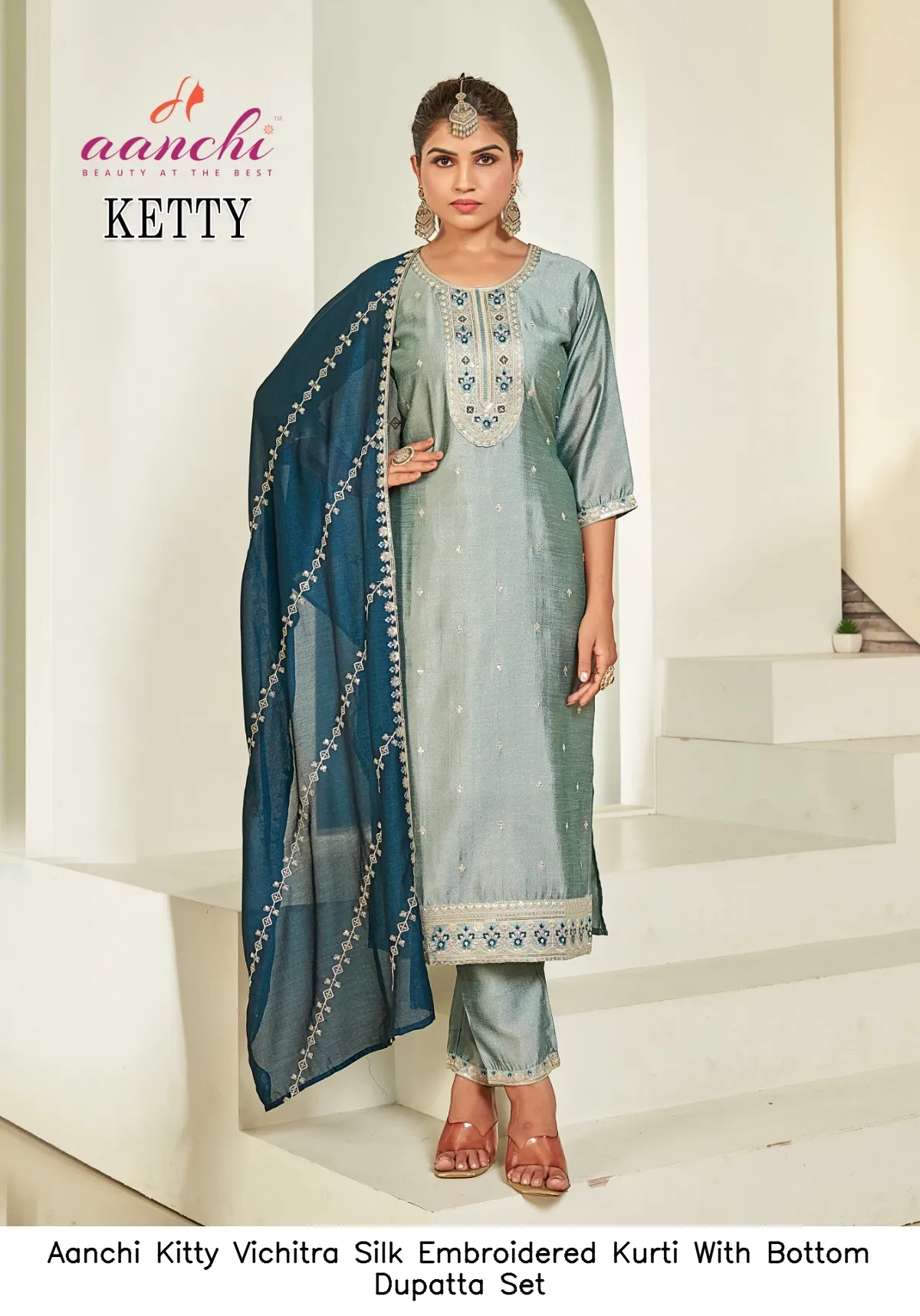 Aanchi Kitty Vichitra Silk Embroidered Kurti With Bottom Dupatta Set — Wholesale Salwar Suits, Aanchi wholesale from Surat — view 4