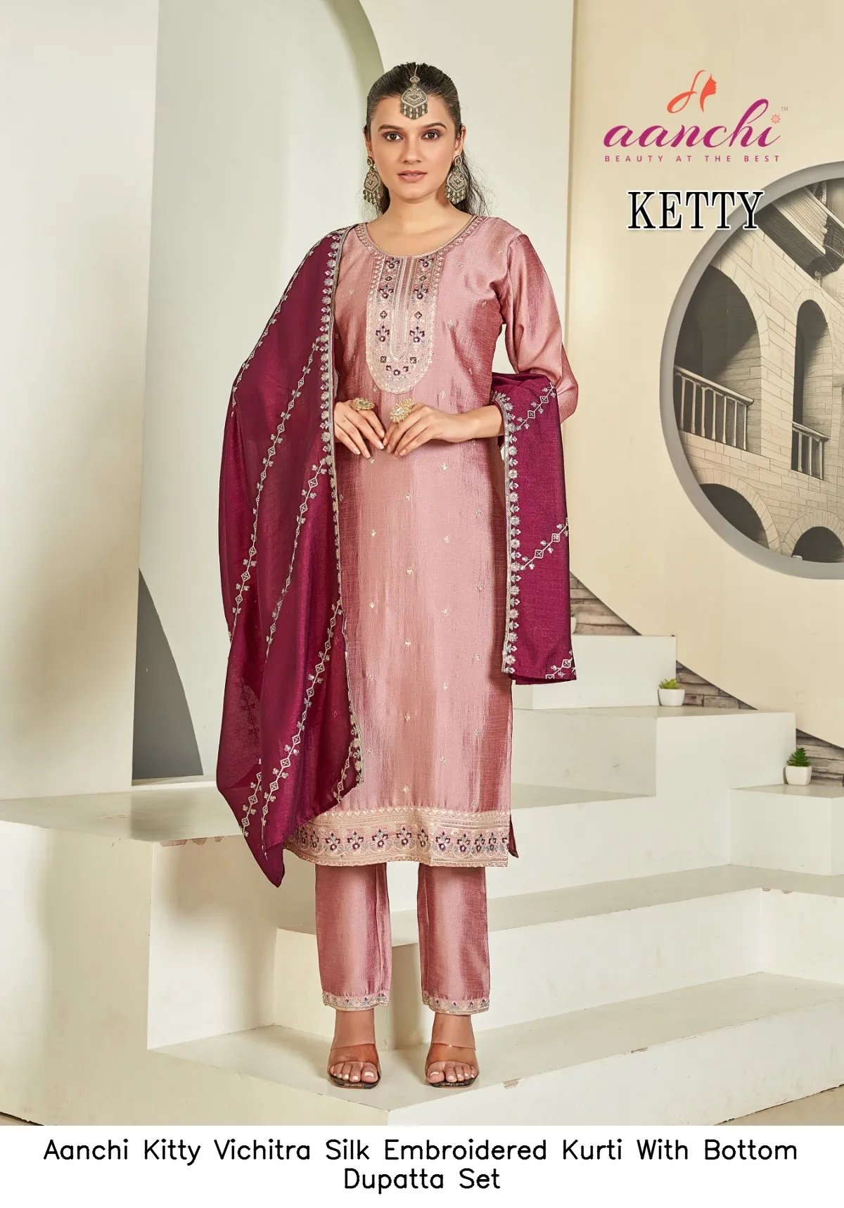 Aanchi Kitty Vichitra Silk Embroidered Kurti With Bottom Dupatta Set — Wholesale Salwar Suits, Aanchi wholesale from Surat — view 5