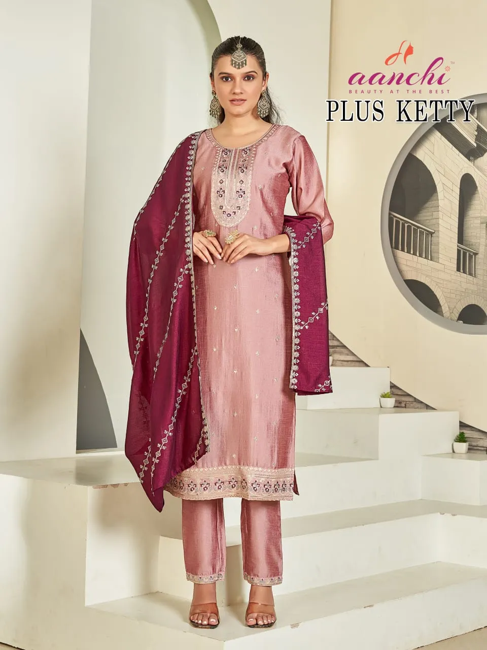 Aanchi Plus Kitty Vichitra Silk Embroidered Readymade Salwar Suit