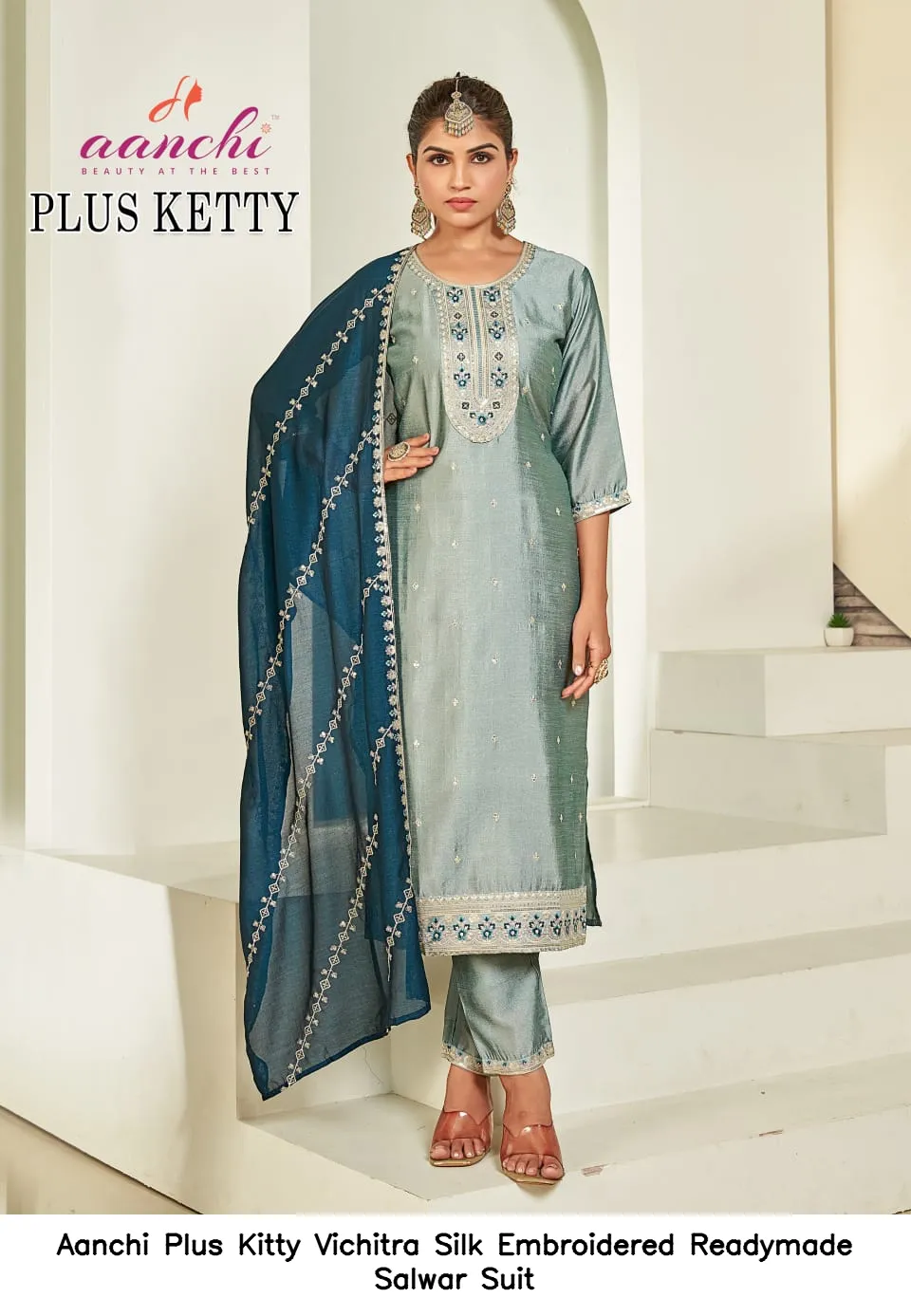 Aanchi Plus Kitty Vichitra Silk Embroidered Readymade Salwar Suit — Wholesale Salwar Suits, Aanchi wholesale from Surat — view 2