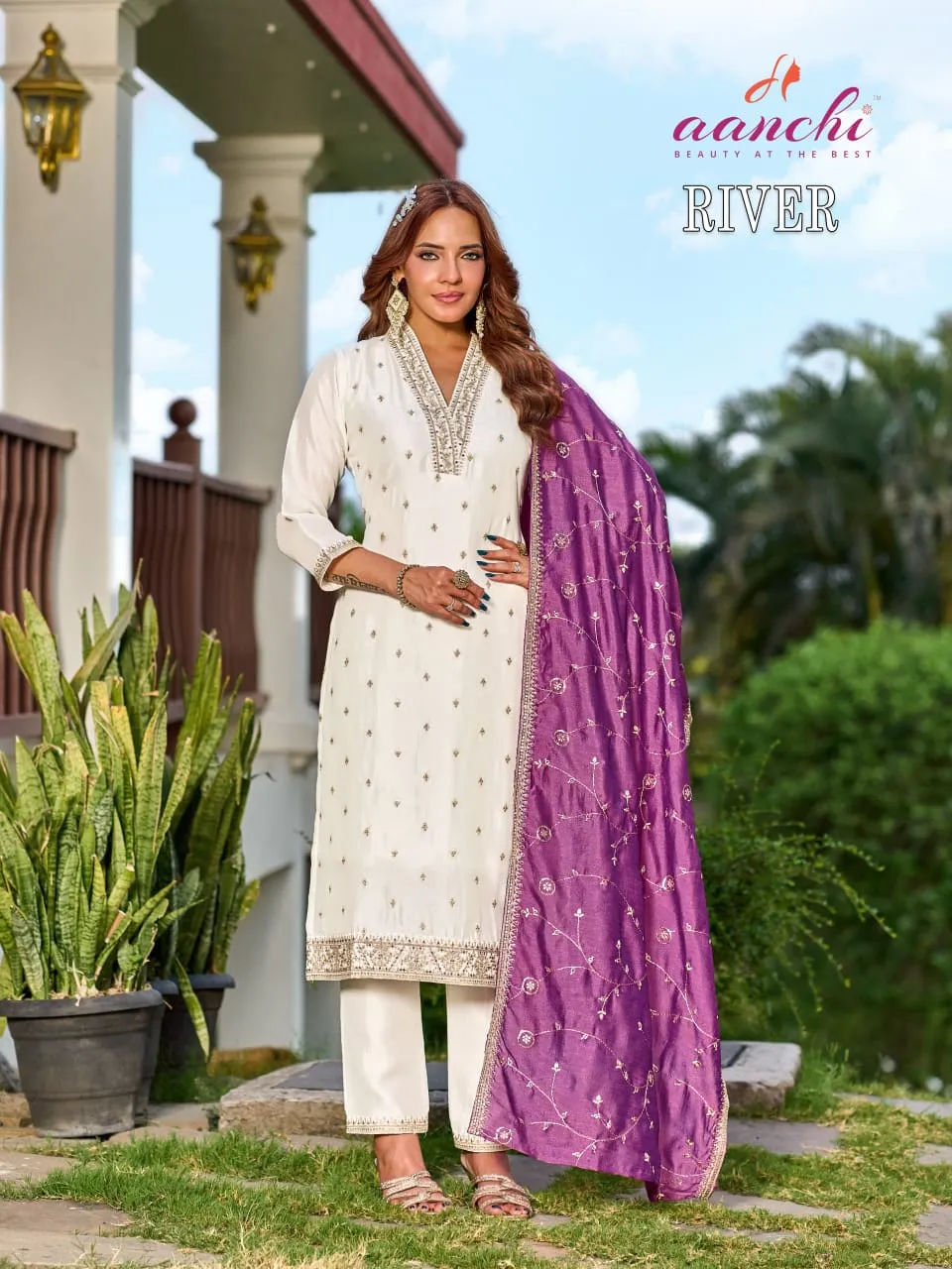 Aanchi River Vichitra Silk Embroidered  Readymade Salwar Suit