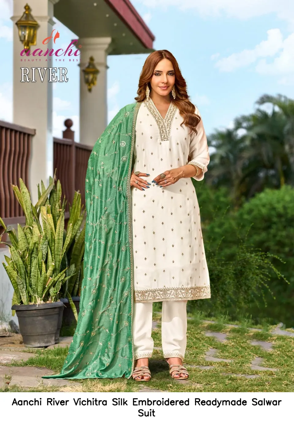 Aanchi River Vichitra Silk Embroidered Readymade Salwar Suit — Wholesale Salwar Suits, Aanchi wholesale from Surat - Gallery Image 2