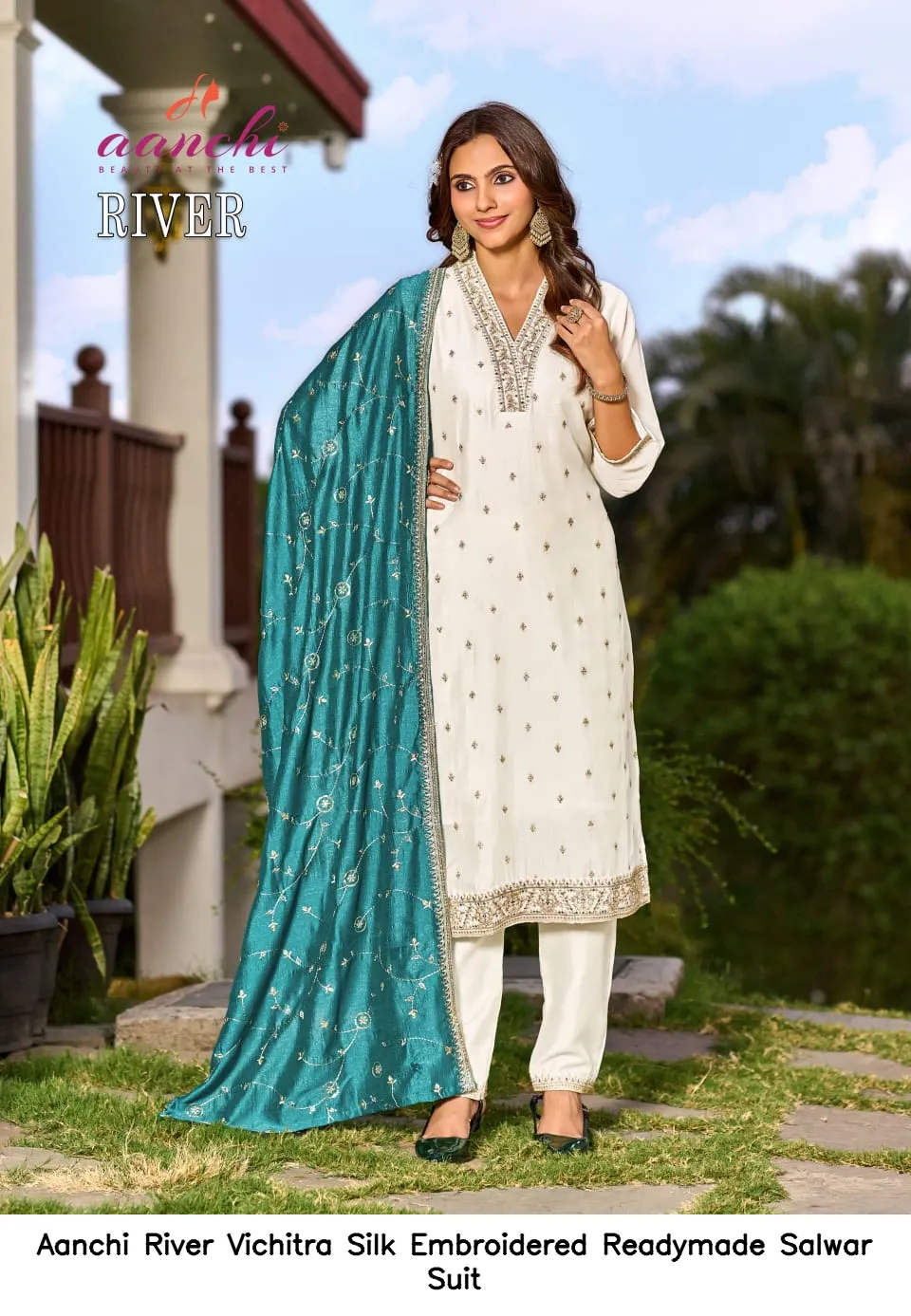 Aanchi River Vichitra Silk Embroidered Readymade Salwar Suit — Wholesale Salwar Suits, Aanchi wholesale from Surat - Gallery Image 3
