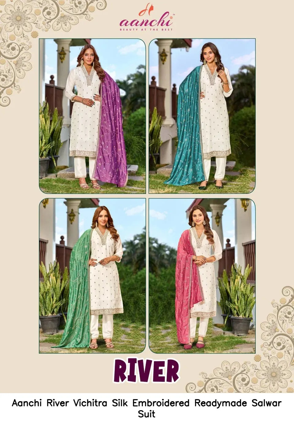 Aanchi River Vichitra Silk Embroidered Readymade Salwar Suit — Wholesale Salwar Suits, Aanchi wholesale from Surat - Gallery Image 4