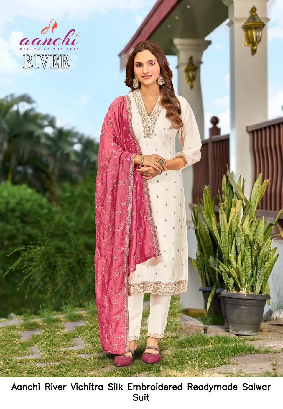 Aanchi River Vichitra Silk Embroidered  Readymade Salwar Suit — Wholesale Salwar Suits, Aanchi wholesale from Surat — view 5