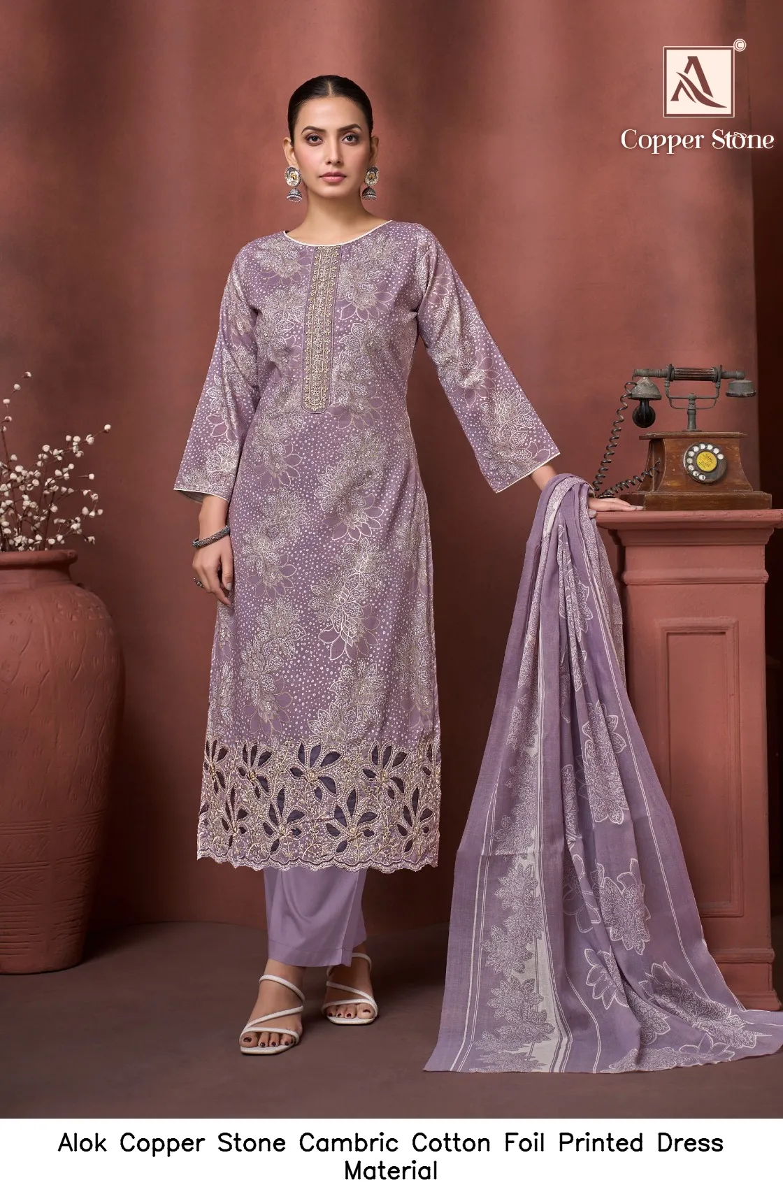 Alok Copper Stone Cambric Cotton Foil Printed Dress Material — Wholesale Dress Material, Alok wholesale from Surat — view 4