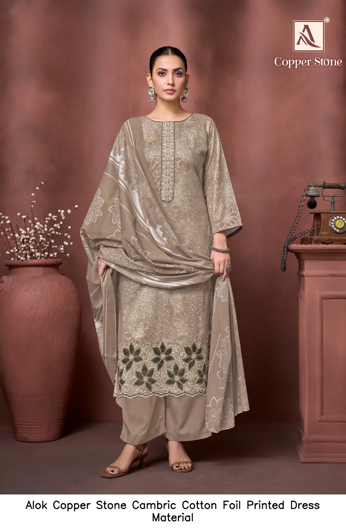 Alok Copper Stone Cambric Cotton Foil Printed Dress Material — Wholesale Dress Material, Alok wholesale from Surat — view 5