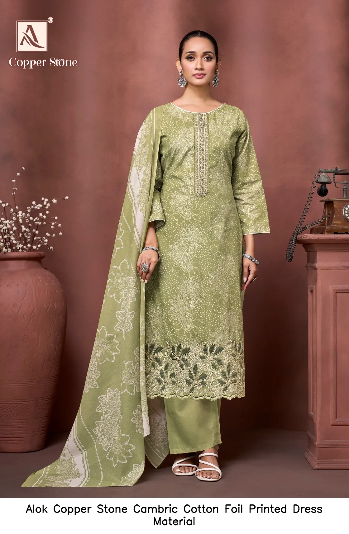 Alok Copper Stone Cambric Cotton Foil Printed Dress Material — Wholesale Dress Material, Alok wholesale from Surat — view 6