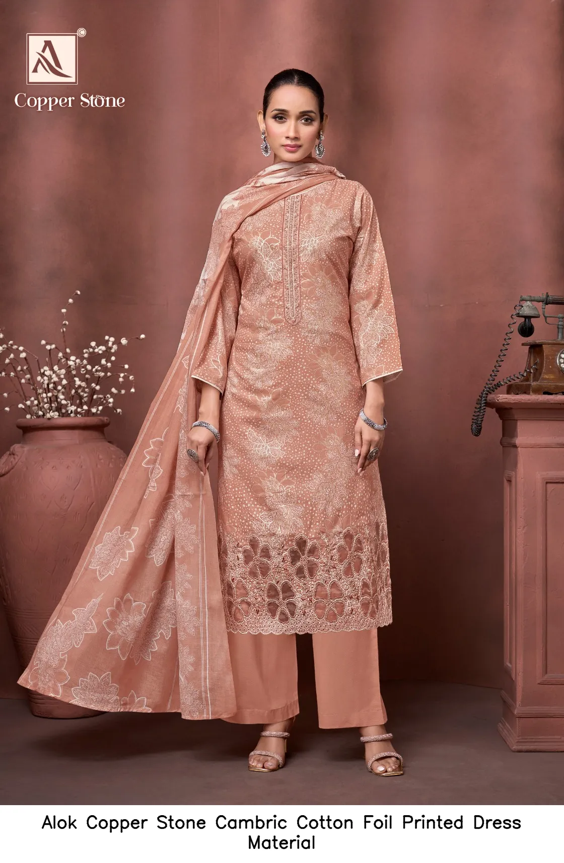 Alok Copper Stone Cambric Cotton Foil Printed Dress Material — Wholesale Dress Material, Alok wholesale from Surat — view 8