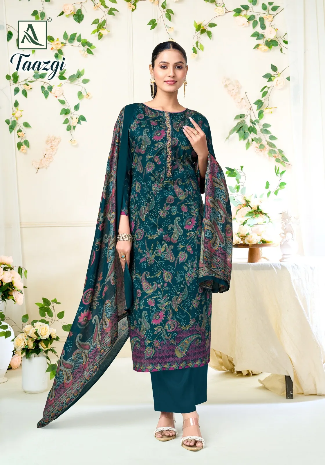 Alok Taazgi Viscose Jam Discharge Printed Embroidered Dress Material