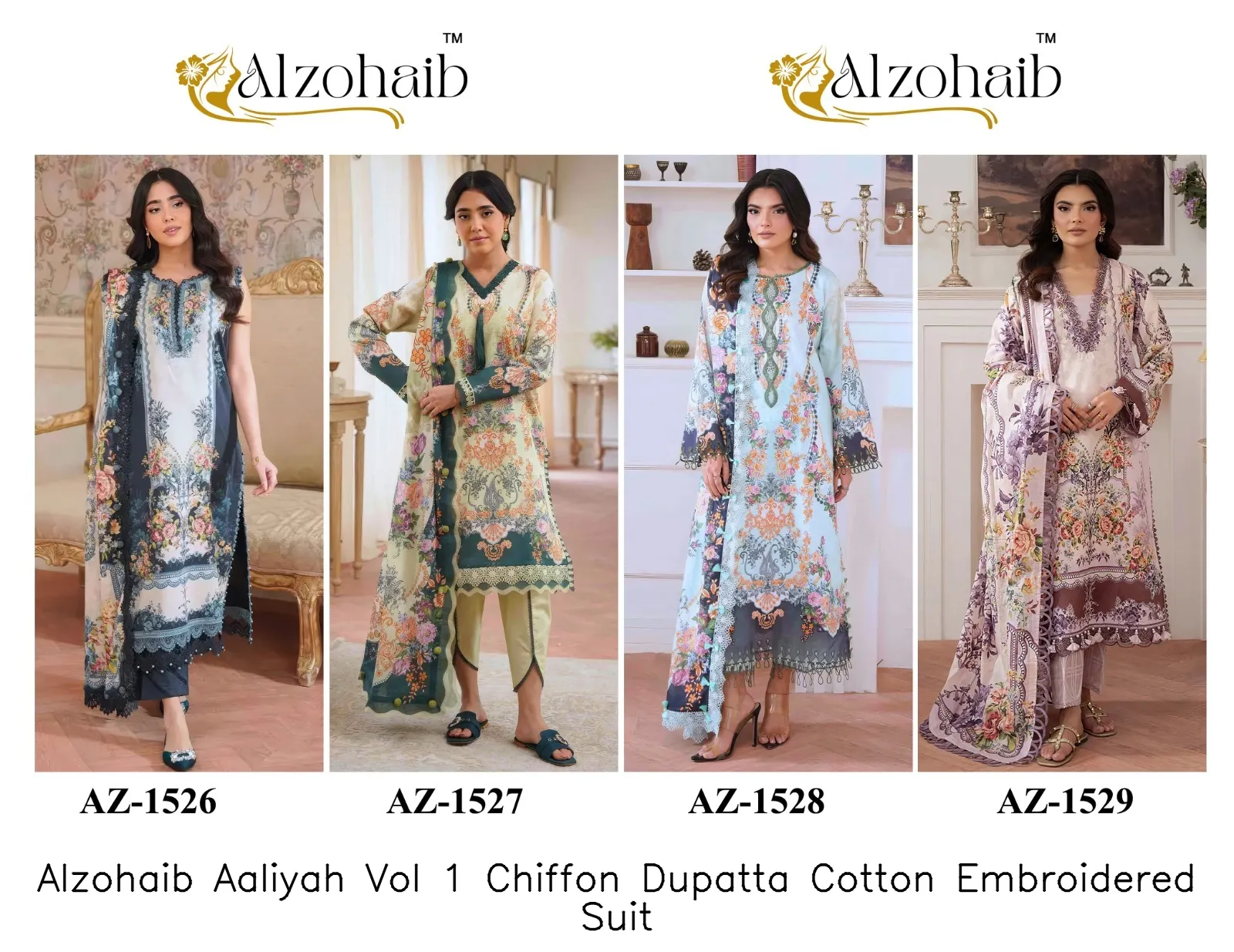 Alzohaib Aaliyah Vol 1 Chiffon Dupatta Cotton Embroidered Suit — Wholesale Dress Material, Alzohaib wholesale from Surat — view 2