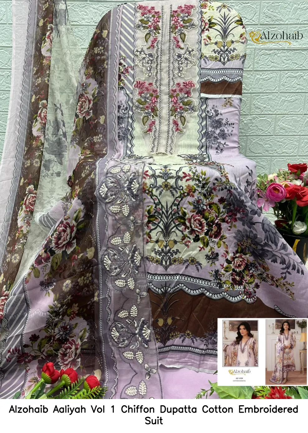 Alzohaib Aaliyah Vol 1 Chiffon Dupatta Cotton Embroidered Suit — Wholesale Dress Material, Alzohaib wholesale from Surat — view 3