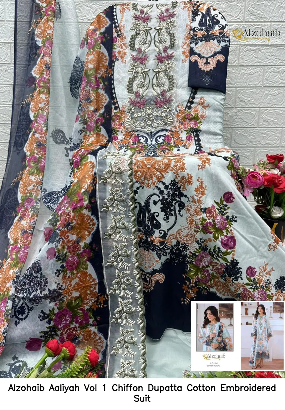 Alzohaib Aaliyah Vol 1 Chiffon Dupatta Cotton Embroidered Suit — Wholesale Dress Material, Alzohaib wholesale from Surat — view 5